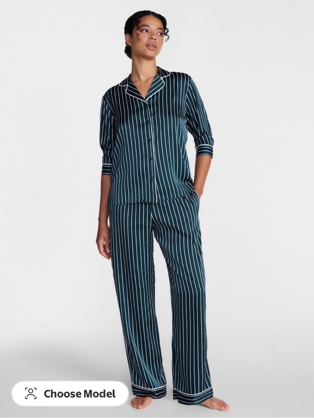 Striped Satin Pajama Set in Dark Green and White